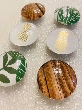 Glass Magnets: Island/Tropical Green Leaf, Gold Pineapple, & Wood Grain
